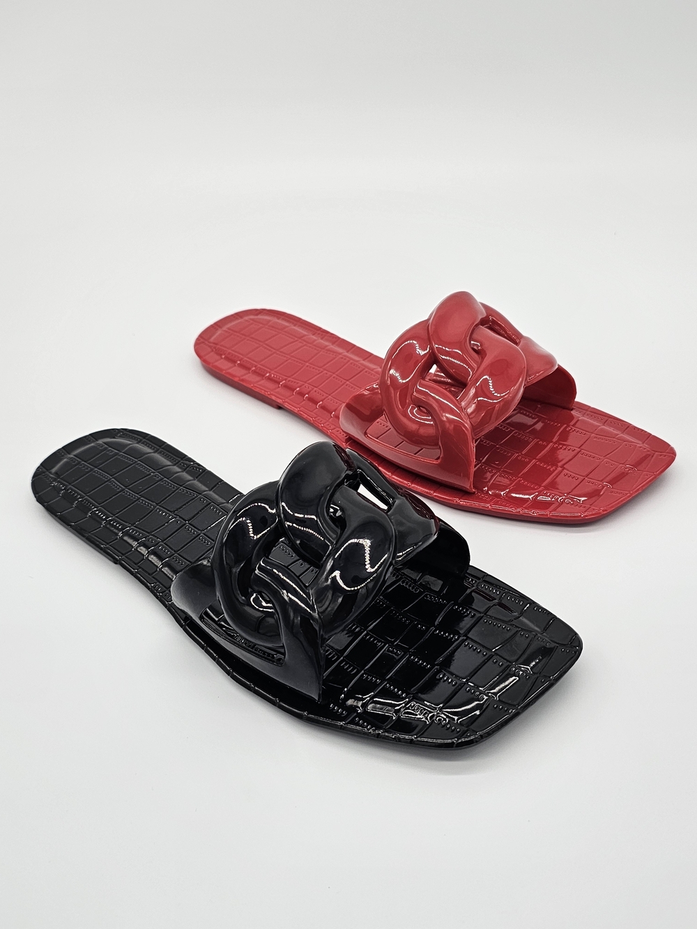 Patent Chain Slide Sandals - Red and Black